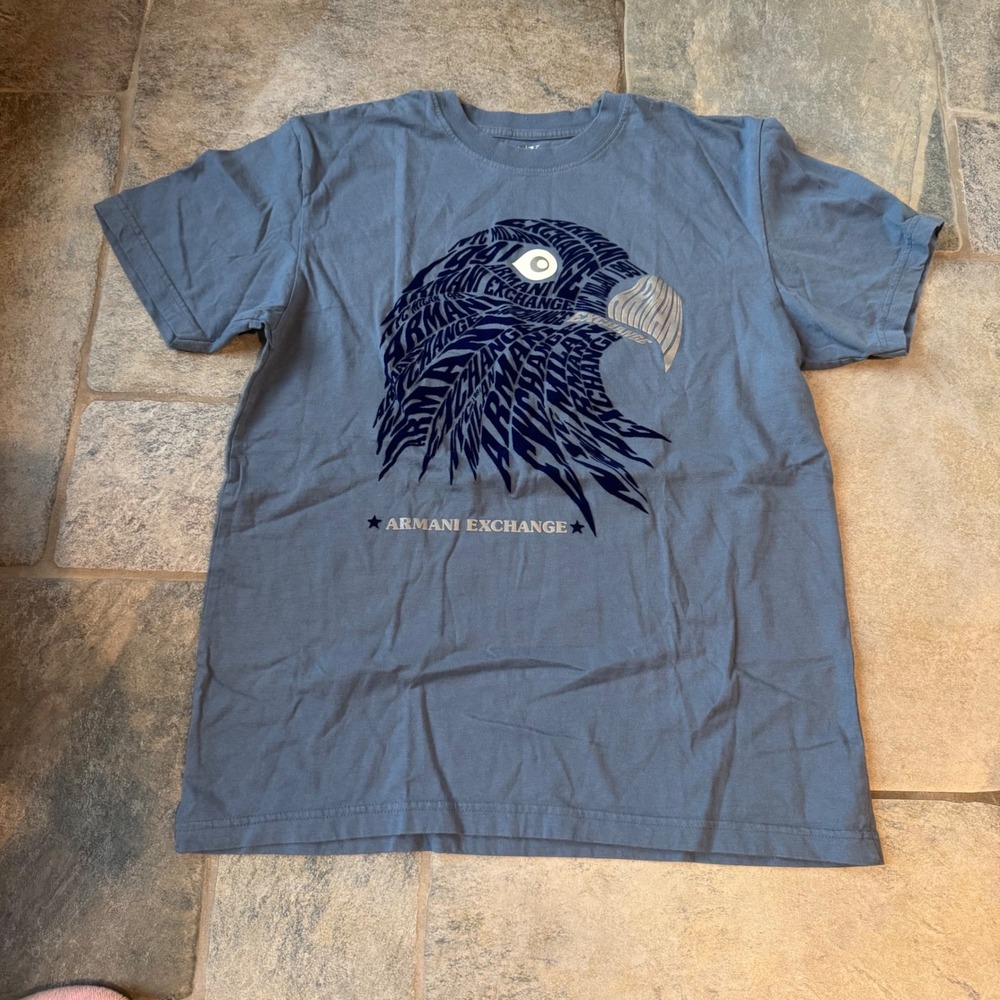 Y2K Armani Exchange Eagle Graphic T-Shirt Blue Velvet Logo Men's L (Runs Small)